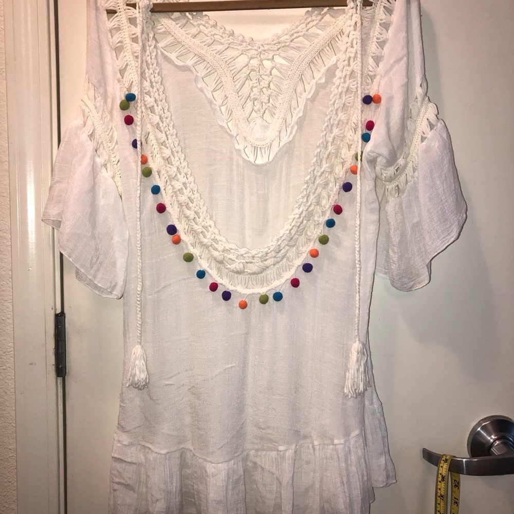 White Gauze with White crochet Accents on Open Back Tunic